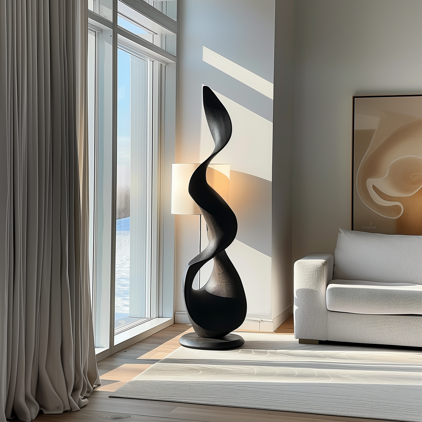 Tall Black Wooden Sculpture – Handmade Modern Abstract Spiral Twist | Solid Wood with Natural Grain Floor Art Home Decor Statement Piece