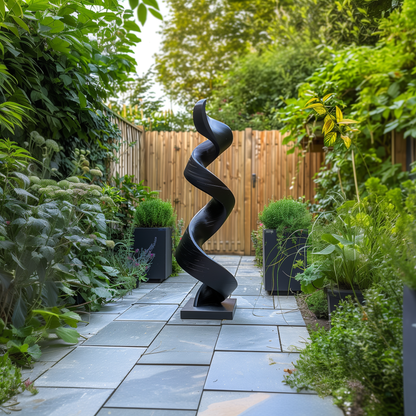 Tall Black Wooden Spiral Sculpture – Handmade Modern Abstract Outdoor Garden Art Solid Wood Twisted Ribbon Yard Decor Statement Piece