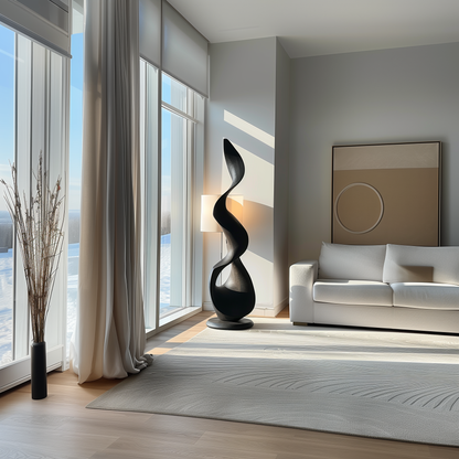 Tall Black Wooden Sculpture – Handmade Modern Abstract Spiral Twist | Solid Wood with Natural Grain Floor Art Home Decor Statement Piece