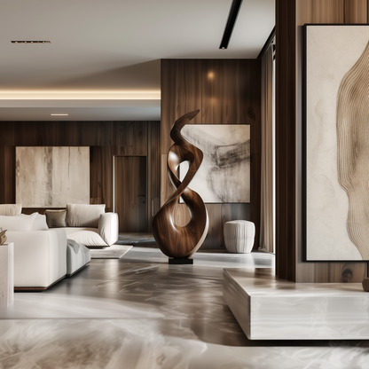 Tall Infinity Flame Wooden Sculpture Hand Carved Solid Wood Abstract Loop Modern Luxury Home Decor
