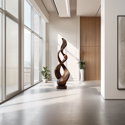 Tall Double Twist Wooden Sculpture – Handmade Abstract Intertwined Design | Solid Wood with Natural Grain Contemporary Floor Art Decor