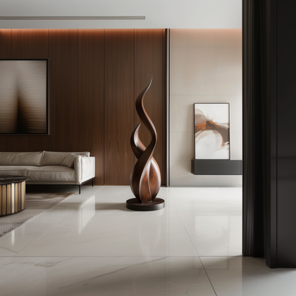 Double Flame Twist Wooden Sculpture Hand Carved Solid Wood Abstract Tall Modern Luxury Home Decor