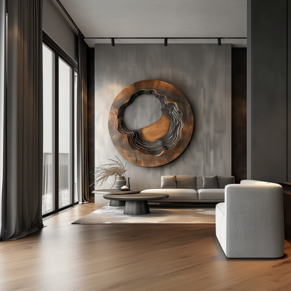 Large Round Wooden Wall Art – Handmade Abstract Layered Carved Sculpture | Solid Wood Organic Crater Design Modern Home Decor