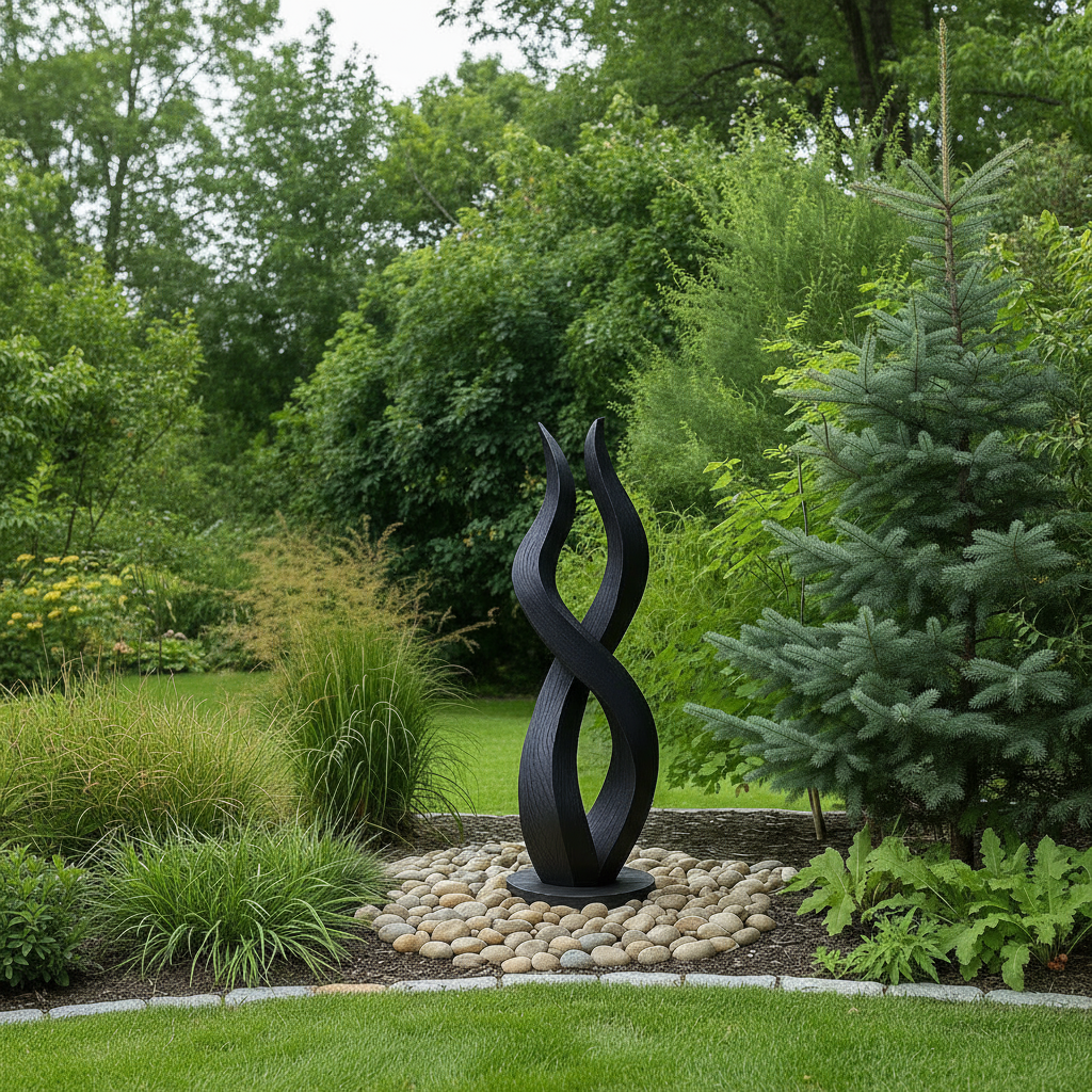 Tall Black Wooden Flame Sculpture – Handmade Modern Abstract Outdoor Garden Art | Solid Wood Fire-Inspired Yard Decor Statement Piece
