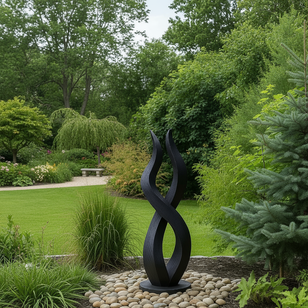 Tall Black Wooden Flame Sculpture – Handmade Modern Abstract Outdoor Garden Art | Solid Wood Fire-Inspired Yard Decor Statement Piece