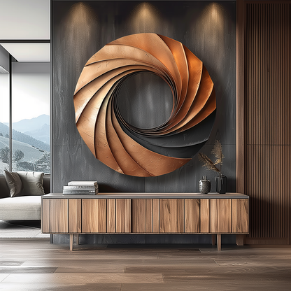 Modern Abstract Wooden Wall Art Sculpture – Spiral Infinity Design, Handcrafted Wood & Copper Wall Decor for Luxury Living Room