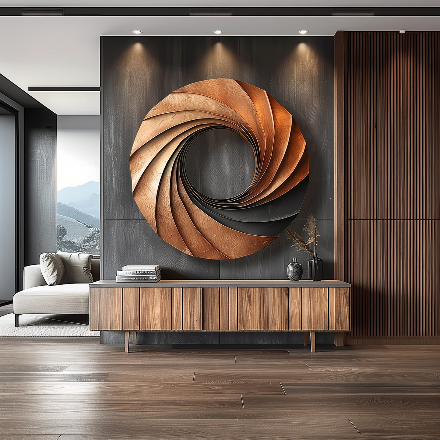 Modern Abstract Wooden Wall Art Sculpture – Spiral Infinity Design, Handcrafted Wood & Copper Wall Decor for Luxury Living Room