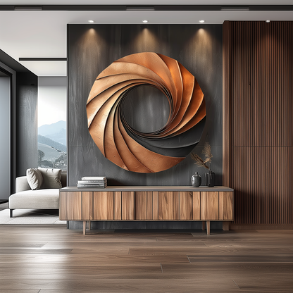 Modern Abstract Wooden Wall Art Sculpture – Spiral Infinity Design, Handcrafted Wood & Copper Wall Decor for Luxury Living Room