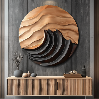 Abstract Wooden Wall Art Mountain Moon Relief, Hand Carved Circular Wood Sculpture, Modern Zen Wall Decor, Organic 3D Art for Living Room
