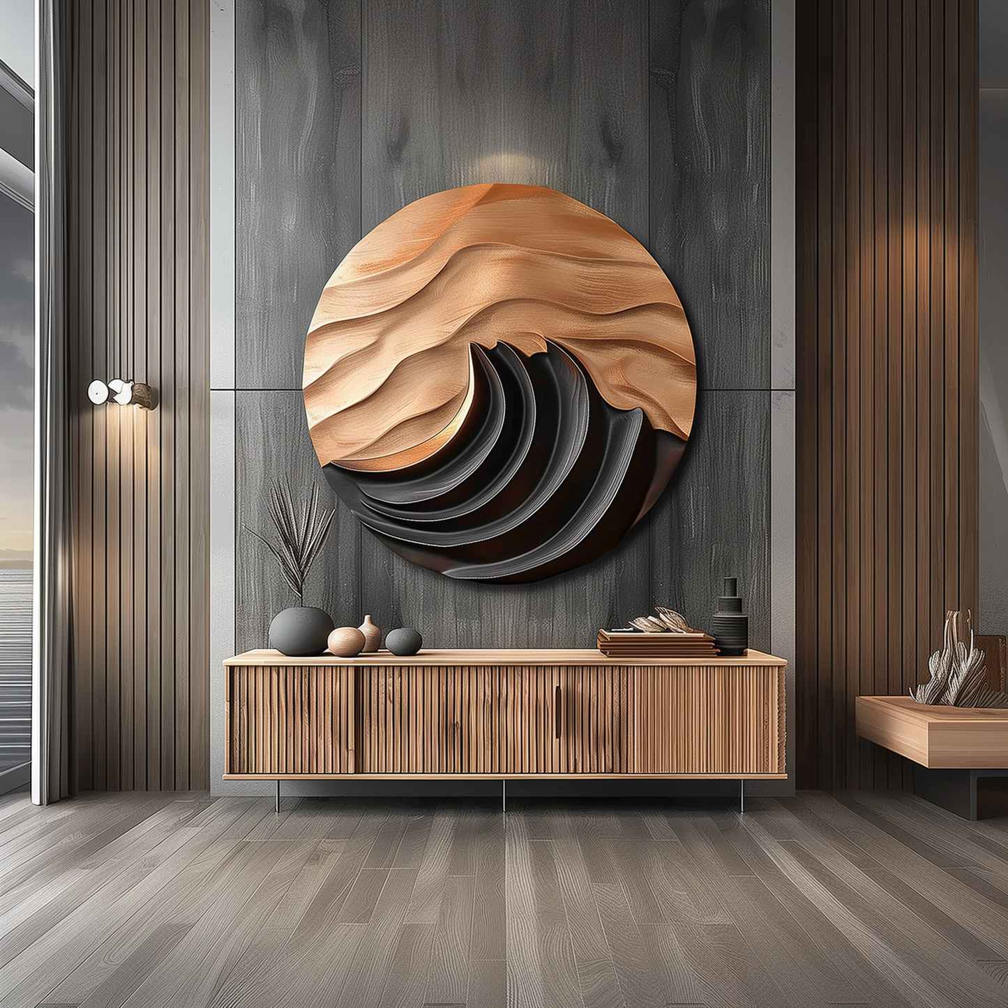 Abstract Wooden Wall Art Mountain Moon Relief, Hand Carved Circular Wood Sculpture, Modern Zen Wall Decor, Organic 3D Art for Living Room