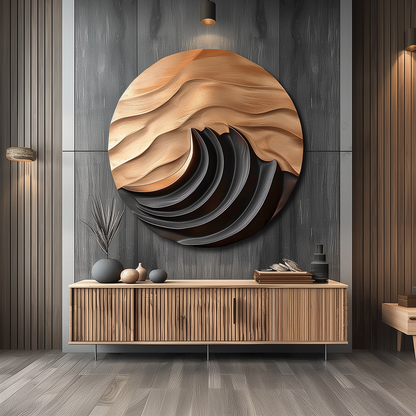 Abstract Wooden Wall Art Mountain Moon Relief, Hand Carved Circular Wood Sculpture, Modern Zen Wall Decor, Organic 3D Art for Living Room