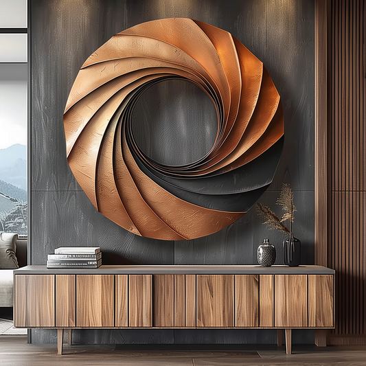 Modern Abstract Wooden Wall Art Sculpture – Spiral Infinity Design, Handcrafted Wood & Copper Wall Decor for Luxury Living Room
