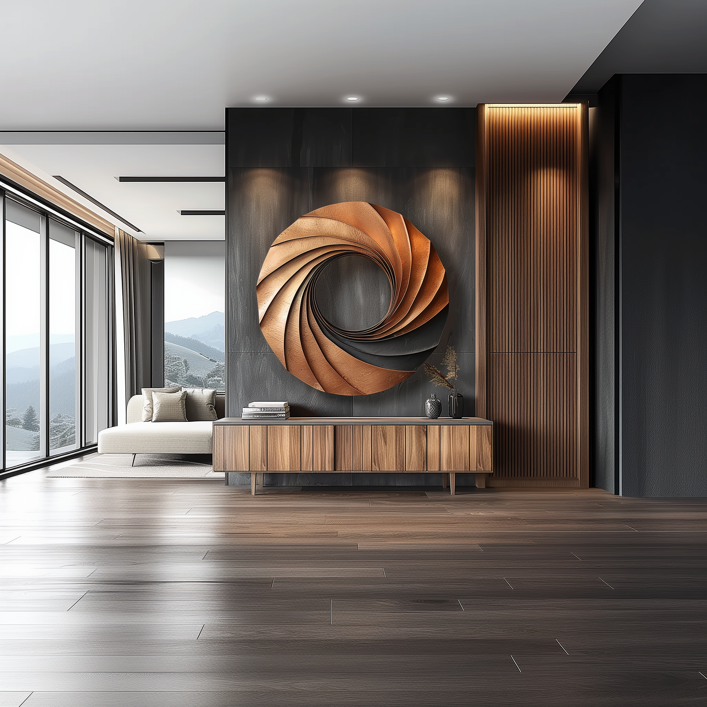 Modern Abstract Wooden Wall Art Sculpture – Spiral Infinity Design, Handcrafted Wood & Copper Wall Decor for Luxury Living Room
