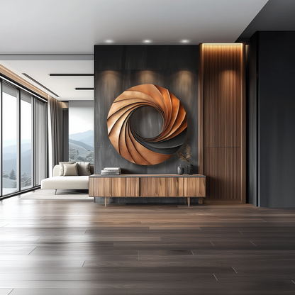 Modern Abstract Wooden Wall Art Sculpture – Spiral Infinity Design, Handcrafted Wood & Copper Wall Decor for Luxury Living Room