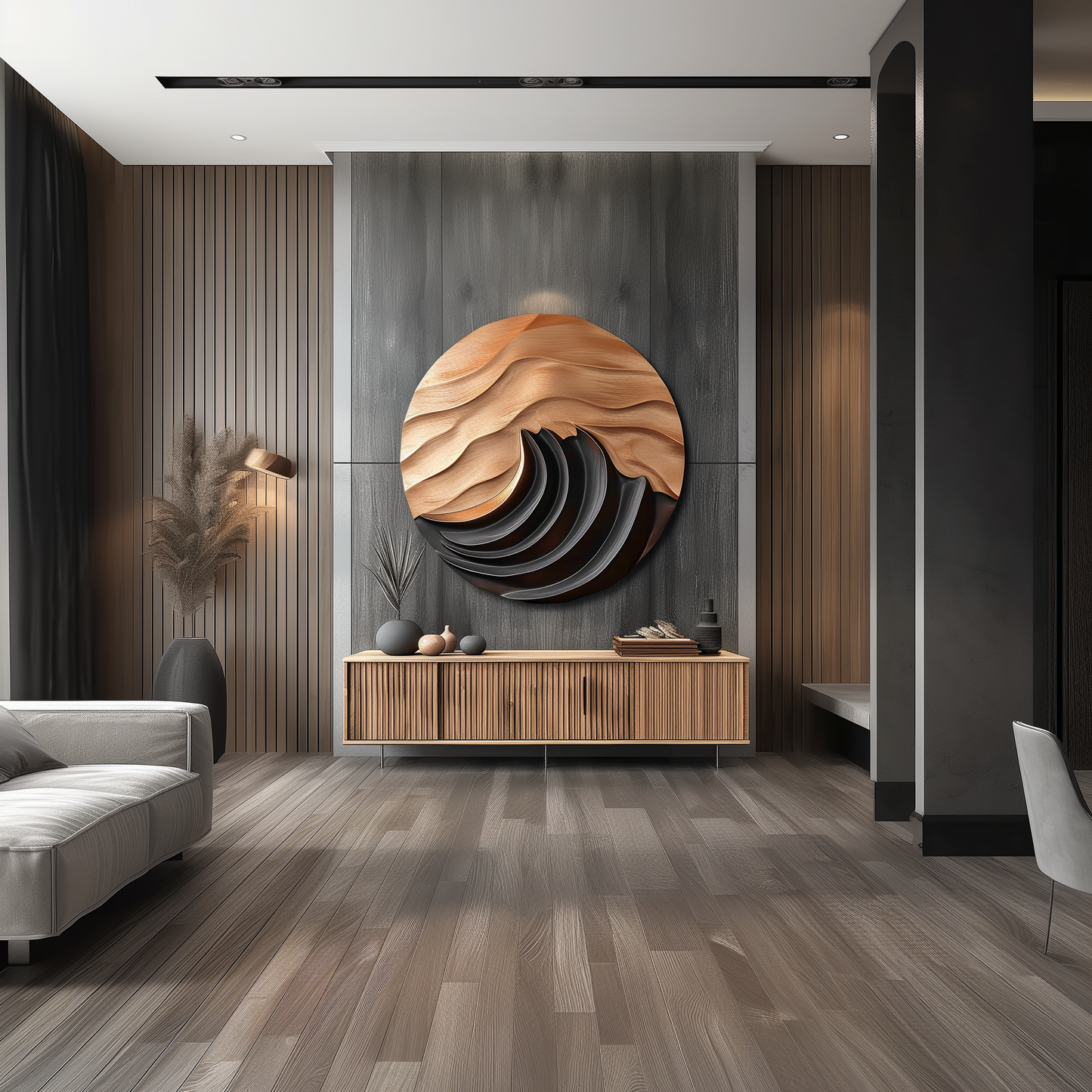 Abstract Wooden Wall Art Mountain Moon Relief, Hand Carved Circular Wood Sculpture, Modern Zen Wall Decor, Organic 3D Art for Living Room