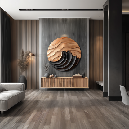 Abstract Wooden Wall Art Mountain Moon Relief, Hand Carved Circular Wood Sculpture, Modern Zen Wall Decor, Organic 3D Art for Living Room