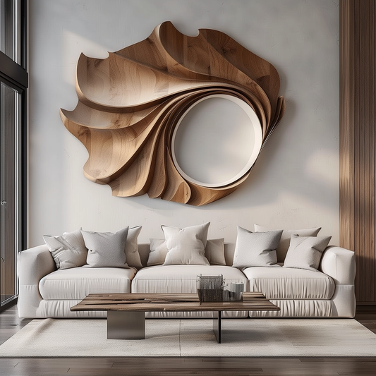 Hand-Carved Wooden Wave Wall Sculpture, Large 3D Abstract Spiral Oval Art, Modern Organic Luxury Statement Home Decor