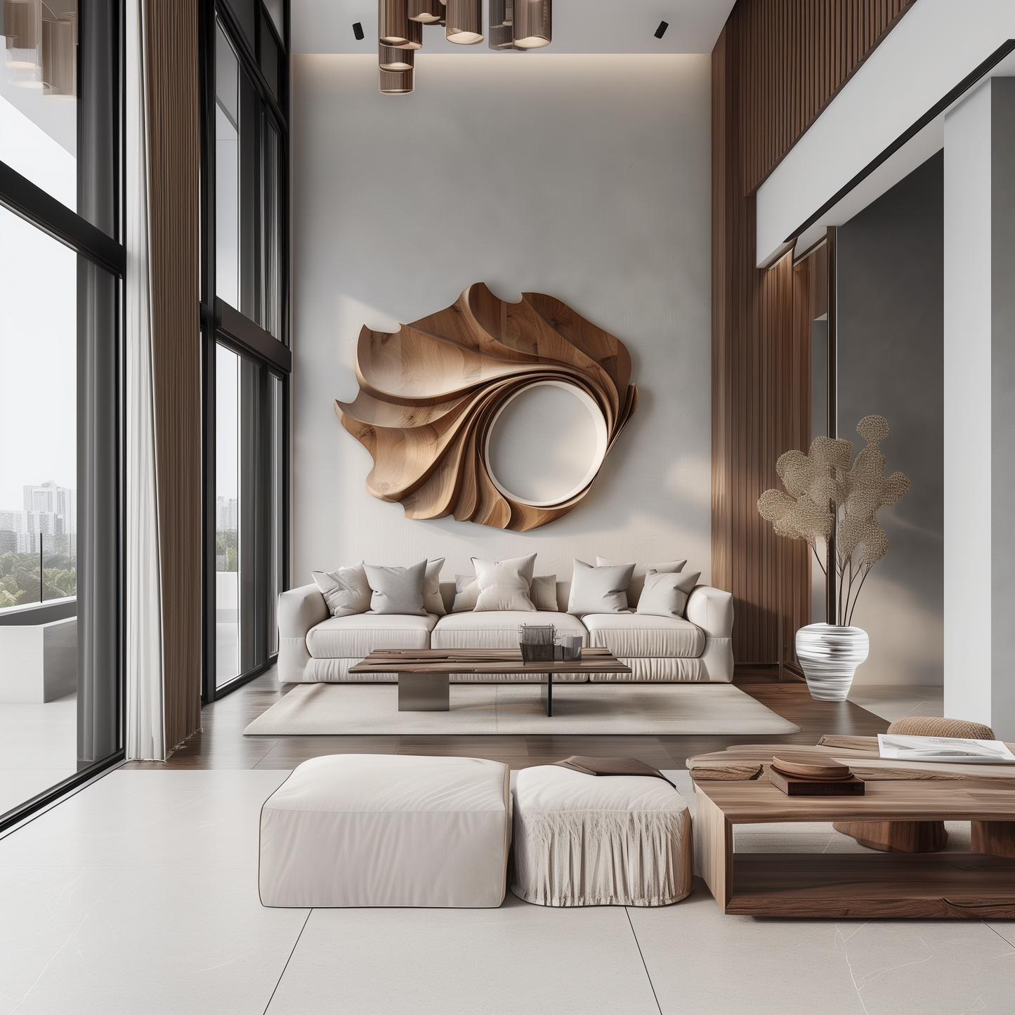 Hand-Carved Wooden Wave Wall Sculpture, Large 3D Abstract Spiral Oval Art, Modern Organic Luxury Statement Home Decor