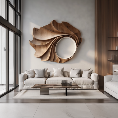 Hand-Carved Wooden Wave Wall Sculpture, Large 3D Abstract Spiral Oval Art, Modern Organic Luxury Statement Home Decor