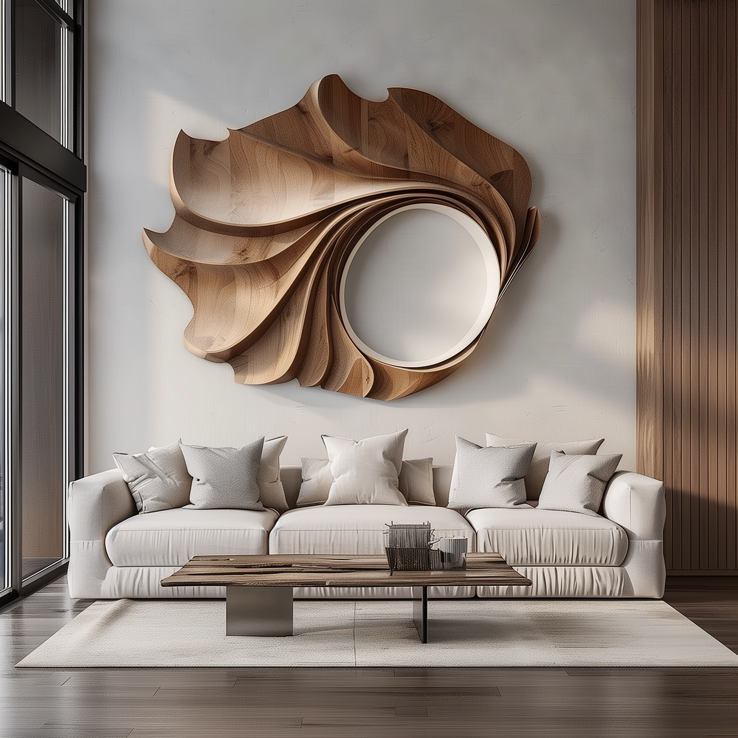Hand-Carved Wooden Wave Wall Sculpture, Large 3D Abstract Spiral Oval Art, Modern Organic Luxury Statement Home Decor