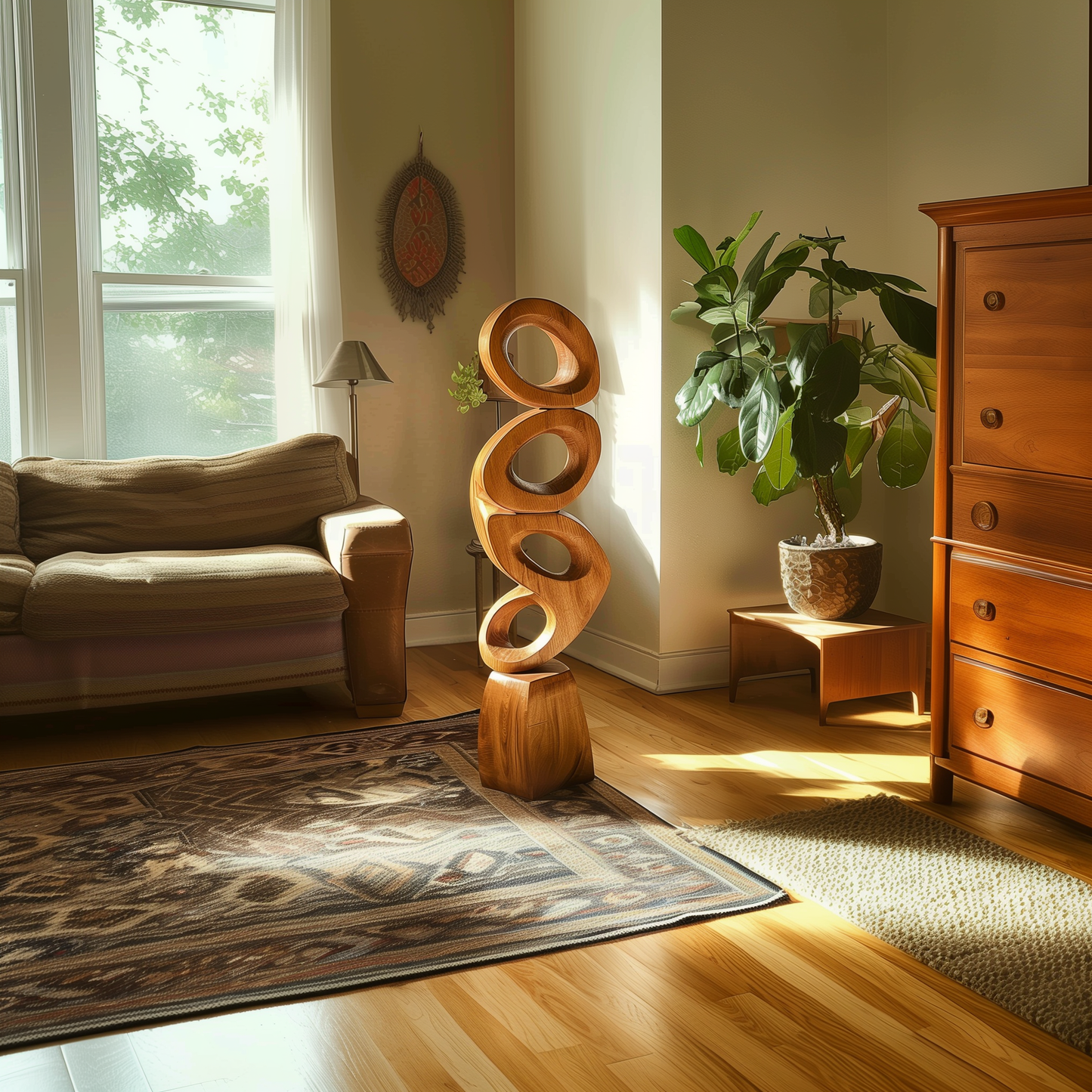 Tall Modern Wooden Loop Sculpture Hand Carved Solid Wood Abstract Floor Art Luxury Living Room Contemporary Decor