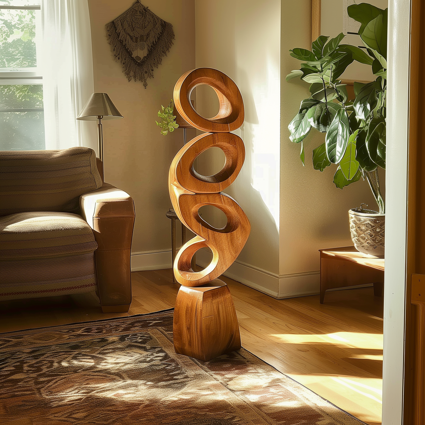 Tall Modern Wooden Loop Sculpture Hand Carved Solid Wood Abstract Floor Art Luxury Living Room Contemporary Decor