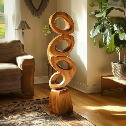 Tall Modern Wooden Loop Sculpture Hand Carved Solid Wood Abstract Floor Art Luxury Living Room Contemporary Decor