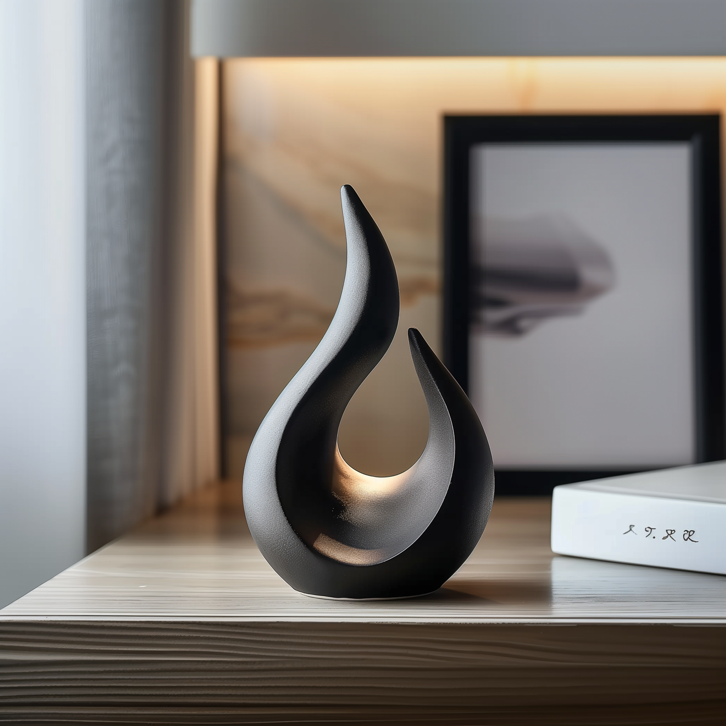Black Abstract Flame Sculpture, Modern Minimalist Art Decor, Organic Curved Form, Luxury Statement Sculpture for Home Interior