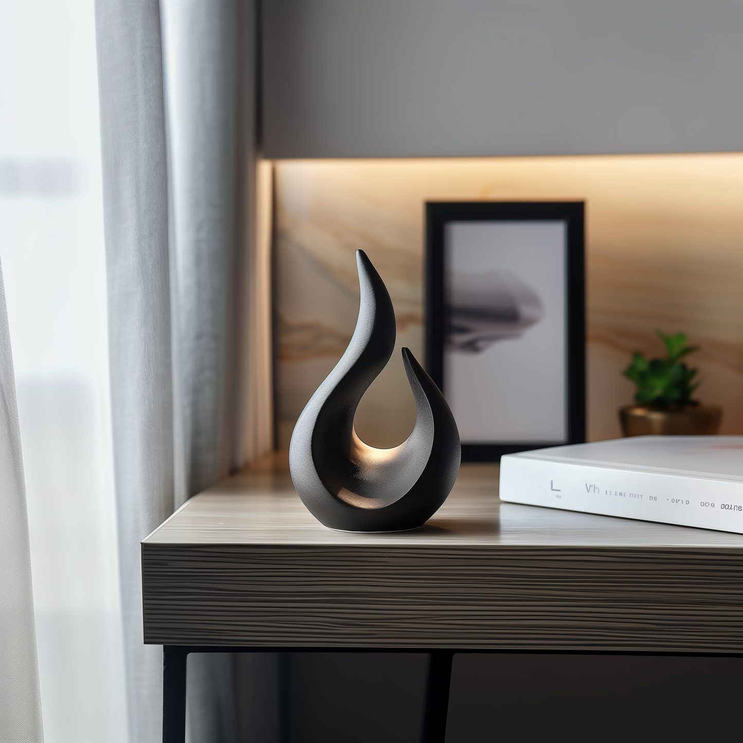 Black Abstract Flame Sculpture, Modern Minimalist Art Decor, Organic Curved Form, Luxury Statement Sculpture for Home Interior