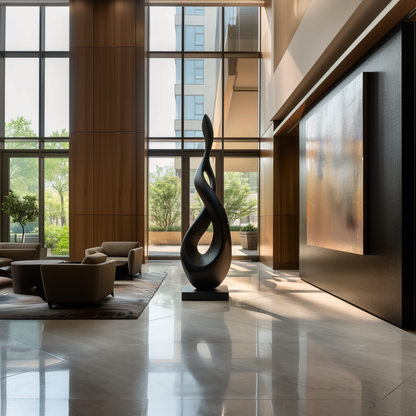 Tall Abstract Flame Infinity Sculpture, Black Wooden Floor Art, Modern Organic Twist Statement for Luxury Lobby Interior Decor