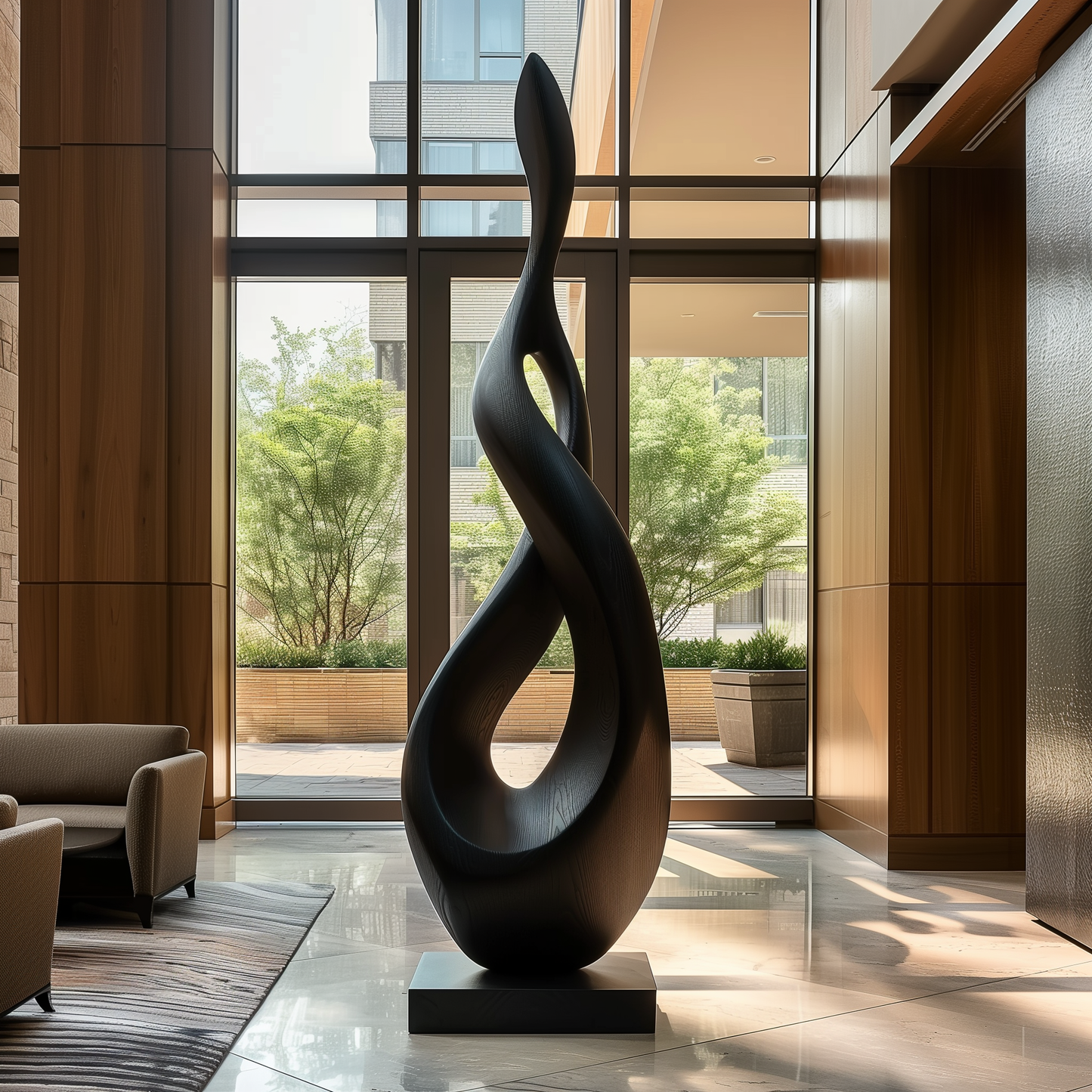 Tall Abstract Flame Infinity Sculpture, Black Wooden Floor Art, Modern Organic Twist Statement for Luxury Lobby Interior Decor
