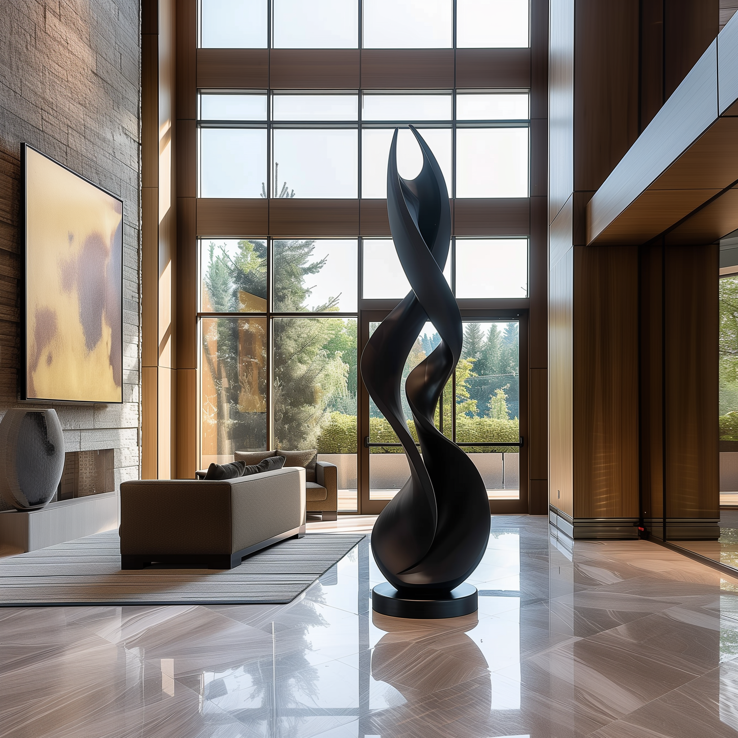 Large Abstract Flame Spiral Sculpture, Black Wooden Floor Art, Modern Organic Twist Sculpture, Luxury Interior Statement Decor