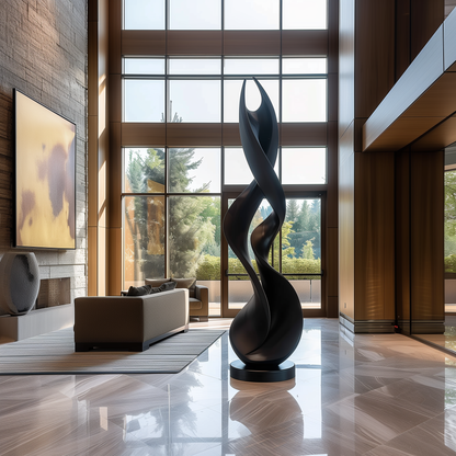 Large Abstract Flame Spiral Sculpture, Black Wooden Floor Art, Modern Organic Twist Sculpture, Luxury Interior Statement Decor