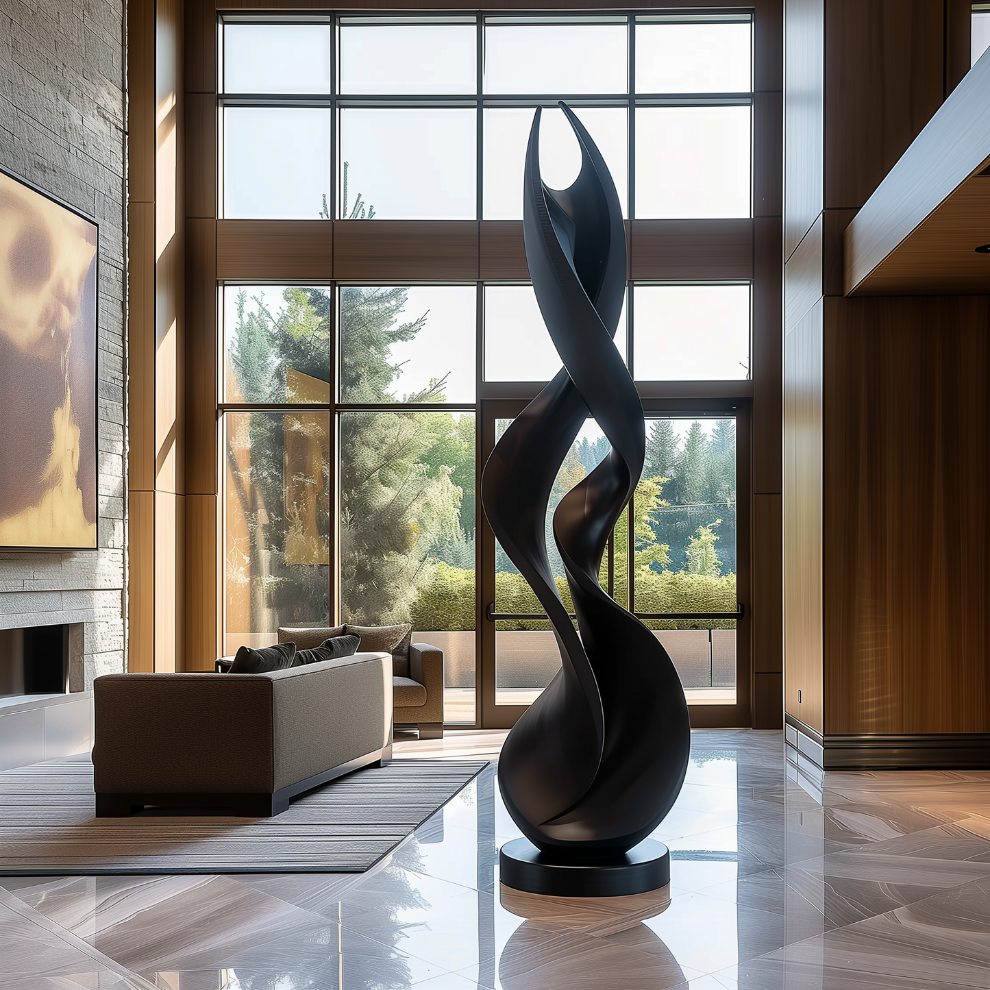 Large Abstract Flame Spiral Sculpture, Black Wooden Floor Art, Modern Organic Twist Sculpture, Luxury Interior Statement Decor