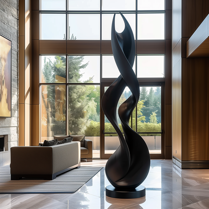 Large Abstract Flame Spiral Sculpture, Black Wooden Floor Art, Modern Organic Twist Sculpture, Luxury Interior Statement Decor