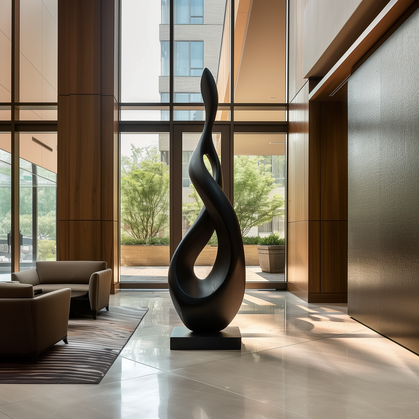 Tall Abstract Flame Infinity Sculpture, Black Wooden Floor Art, Modern Organic Twist Statement for Luxury Lobby Interior Decor