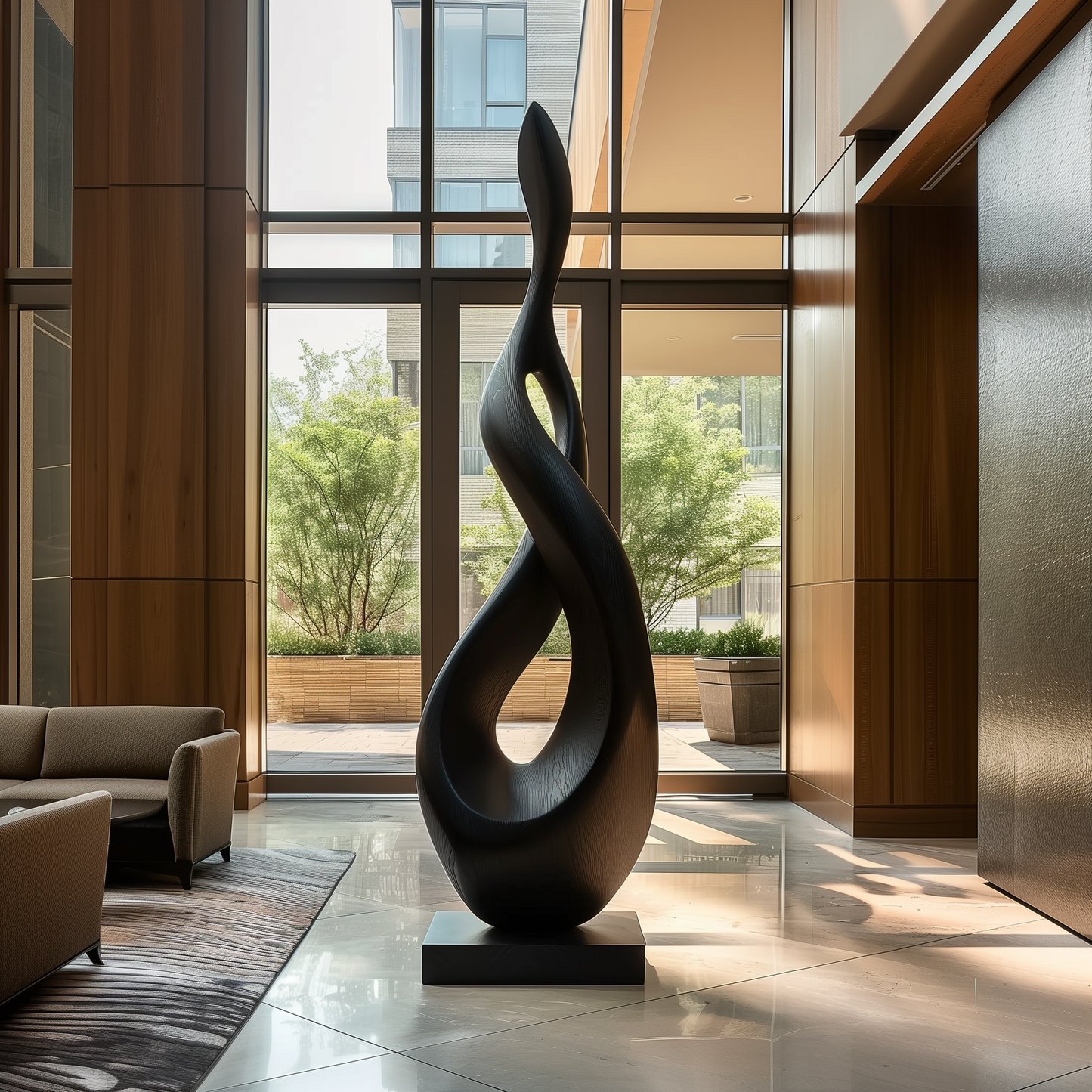 Tall Abstract Flame Infinity Sculpture, Black Wooden Floor Art, Modern Organic Twist Statement for Luxury Lobby Interior Decor