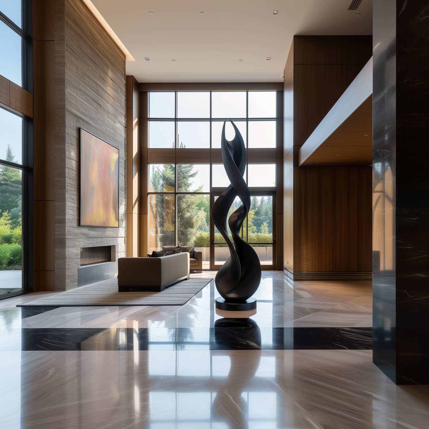 Large Abstract Flame Spiral Sculpture, Black Wooden Floor Art, Modern Organic Twist Sculpture, Luxury Interior Statement Decor