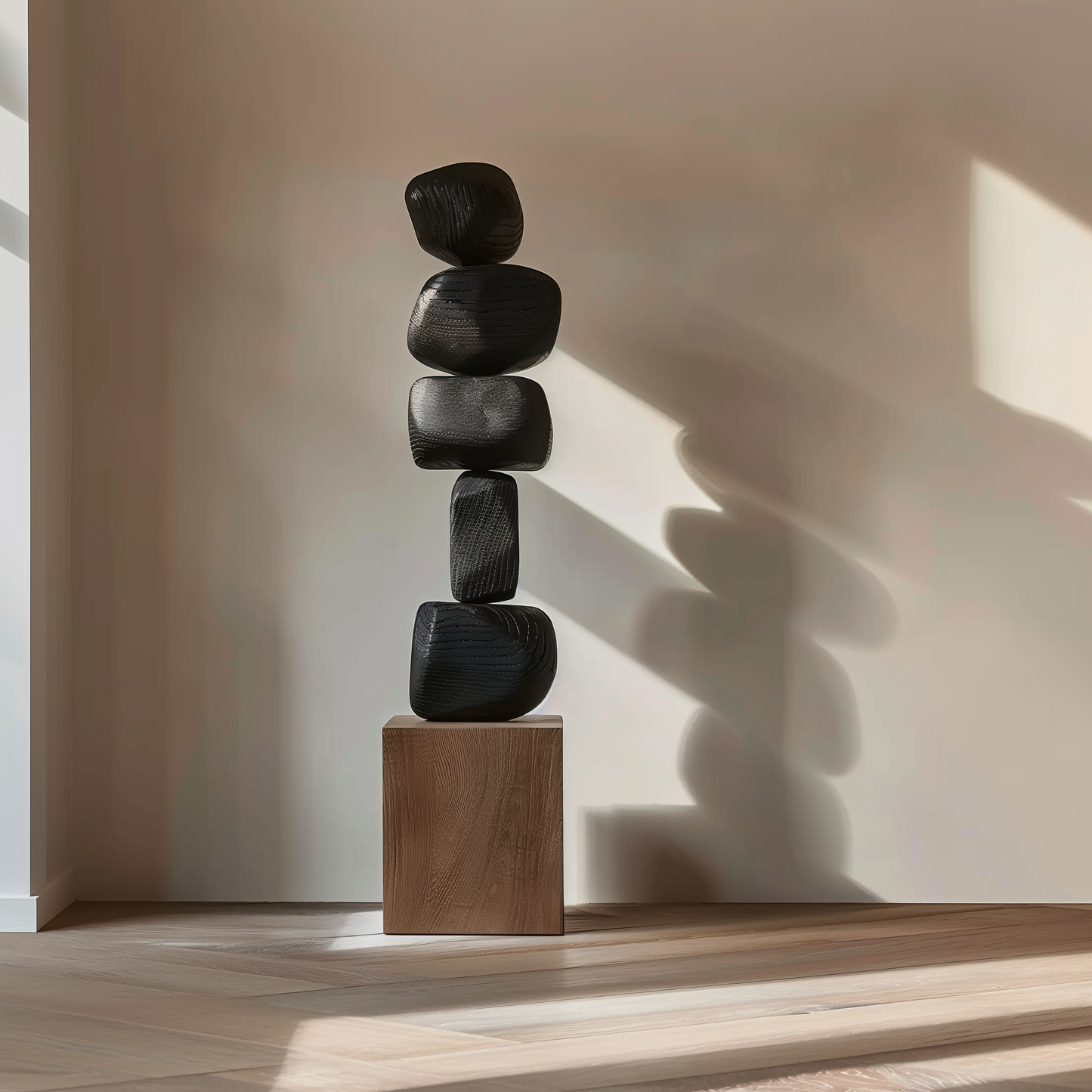 Hand Carved Black Stacked Stone Sculpture, Modern Zen Balance Totem, Abstract Wooden Floor Art, Minimalist Luxury Decor