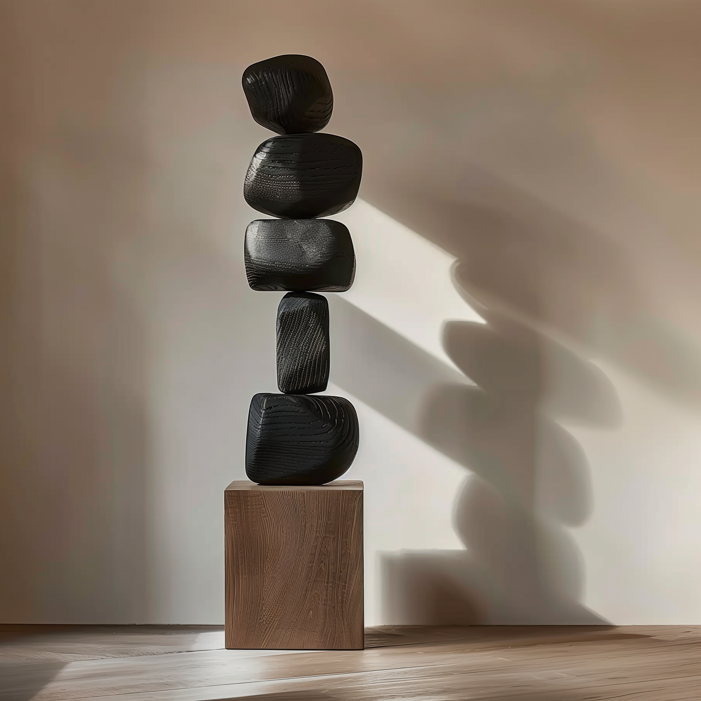 Hand Carved Black Stacked Stone Sculpture, Modern Zen Balance Totem, Abstract Wooden Floor Art, Minimalist Luxury Decor