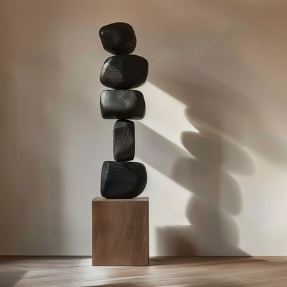 Hand Carved Black Stacked Stone Sculpture, Modern Zen Balance Totem, Abstract Wooden Floor Art, Minimalist Luxury Decor