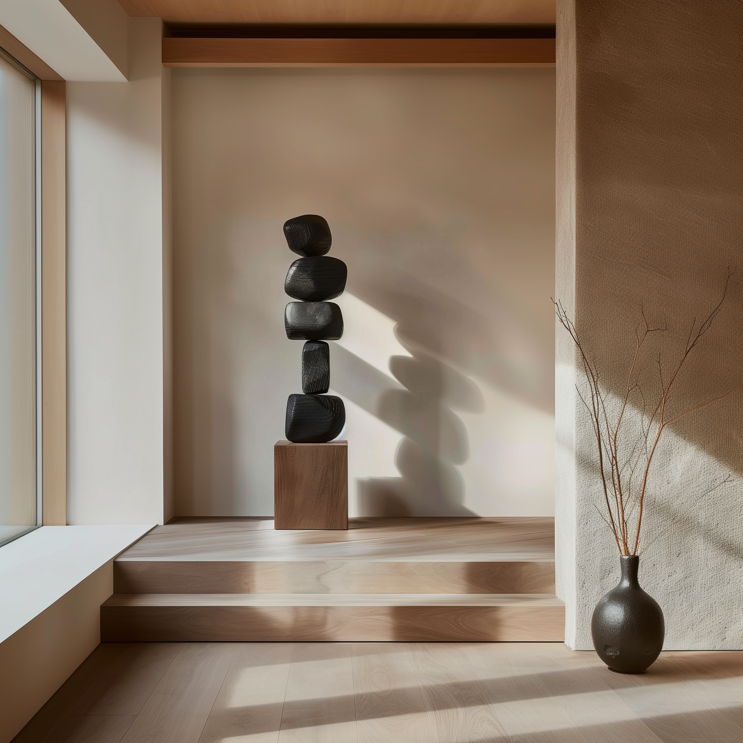 Hand Carved Black Stacked Stone Sculpture, Modern Zen Balance Totem, Abstract Wooden Floor Art, Minimalist Luxury Decor