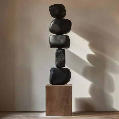 Hand Carved Black Stacked Stone Sculpture, Modern Zen Balance Totem, Abstract Wooden Floor Art, Minimalist Luxury Decor