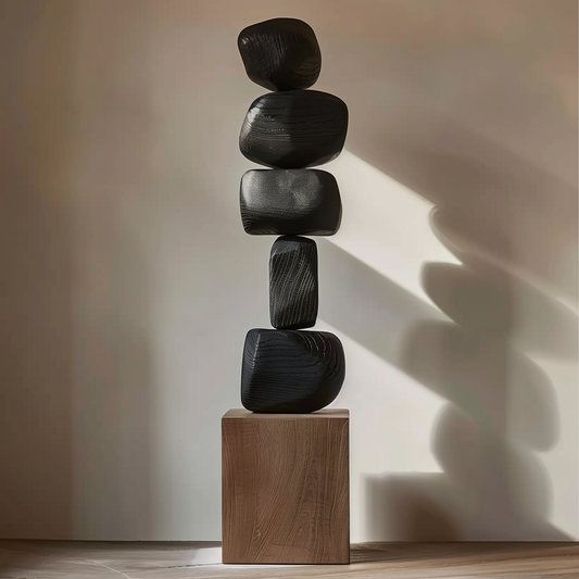 Hand Carved Black Stacked Stone Sculpture, Modern Zen Balance Totem, Abstract Wooden Floor Art, Minimalist Luxury Decor