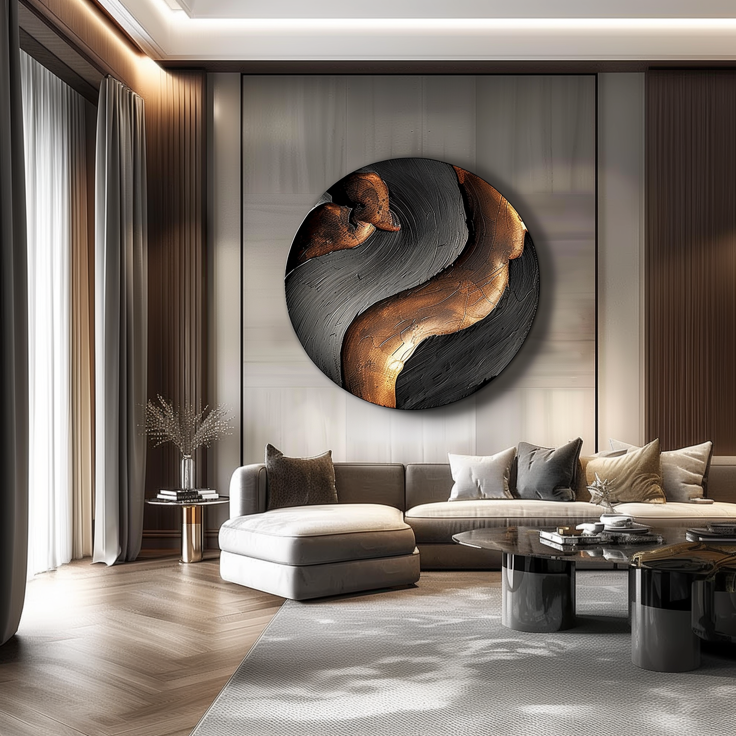 Large 3D Abstract Round Wall Sculpture, Black and Gold Modern Circle Art, Luxury Statement Wall Decor for Contemporary Interiors