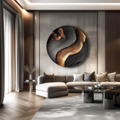Large 3D Abstract Round Wall Sculpture, Black and Gold Modern Circle Art, Luxury Statement Wall Decor for Contemporary Interiors