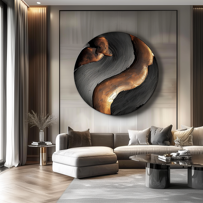 Large 3D Abstract Round Wall Sculpture, Black and Gold Modern Circle Art, Luxury Statement Wall Decor for Contemporary Interiors