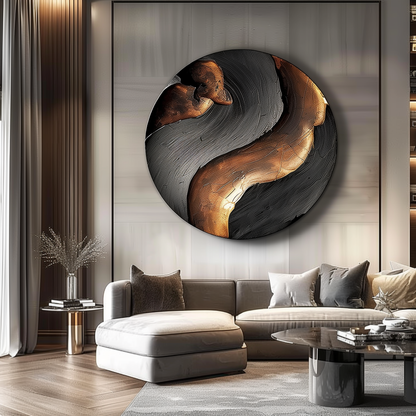 Large 3D Abstract Round Wall Sculpture, Black and Gold Modern Circle Art, Luxury Statement Wall Decor for Contemporary Interiors