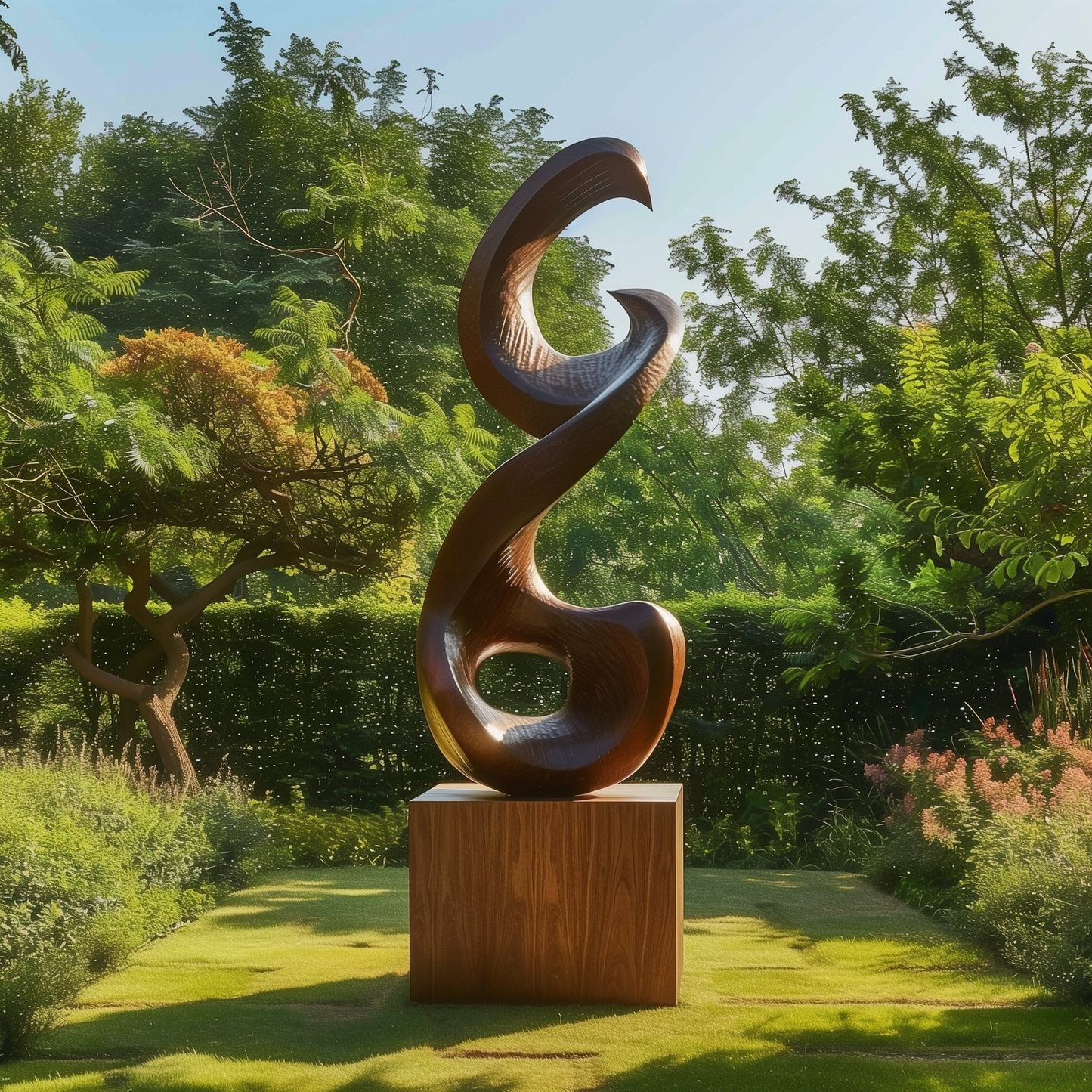 Large Abstract Infinity Spiral Garden Sculpture, Hand Carved Wooden Outdoor Statement Art, Modern Organic Luxury Yard Decor