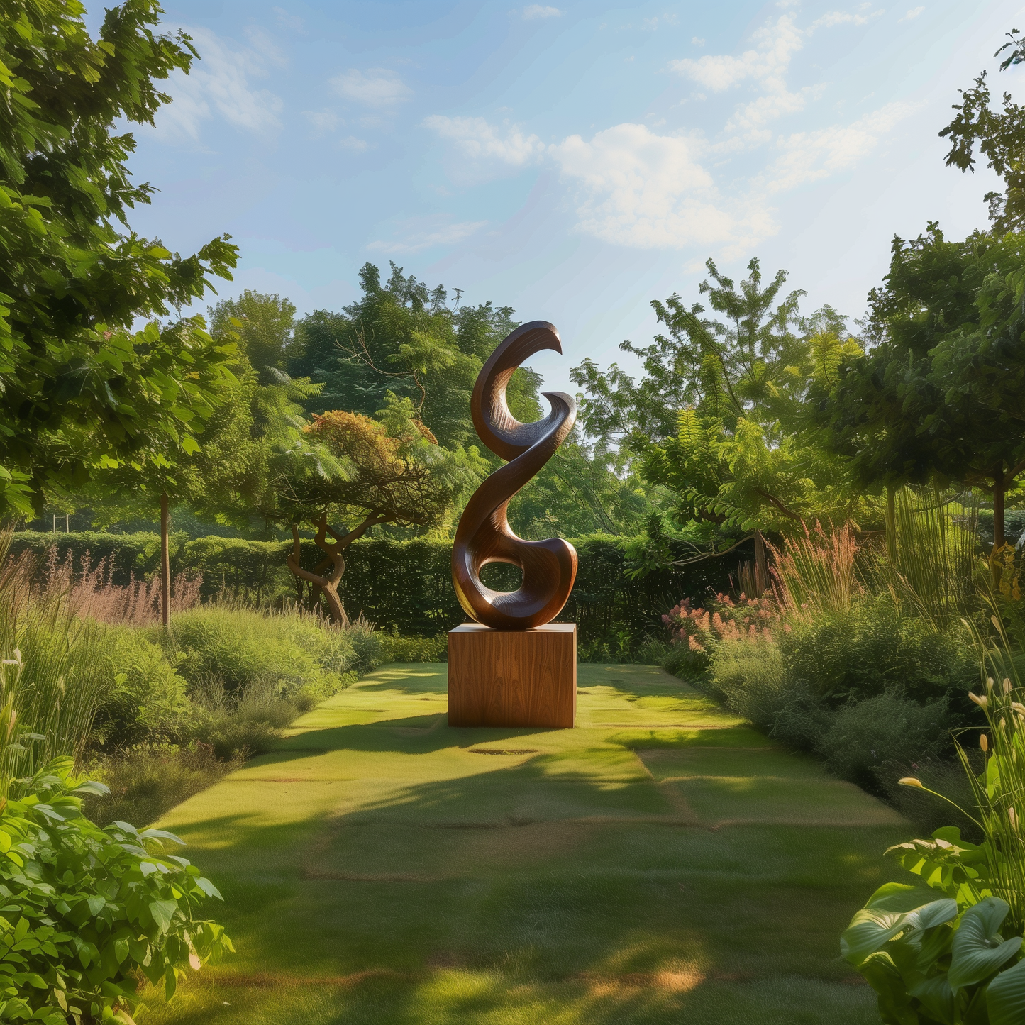 Large Abstract Infinity Spiral Garden Sculpture, Hand Carved Wooden Outdoor Statement Art, Modern Organic Luxury Yard Decor